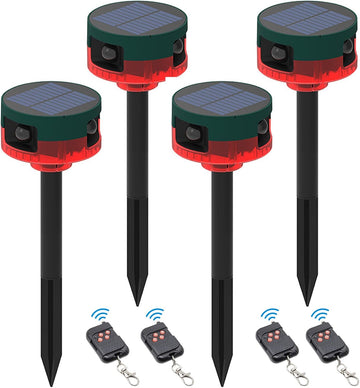 ChunHee Solar Motion Sensor Alarm Outdoor, Dog Barking & Gunshot Sounds & Recording, 360°Motion Detector Alarm,129dB Loud Siren,3 Work Modes Activated Strobe Light with Remote 4Pack CallToU